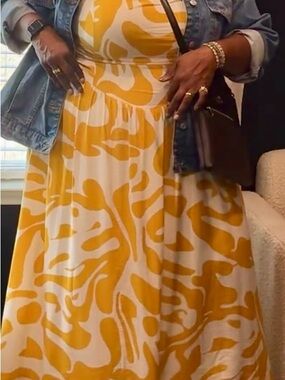 Fashion Nova Yellow and White Printed Maxi Dress